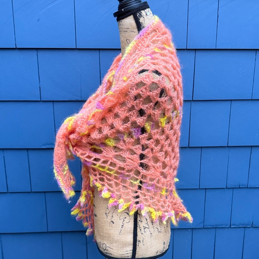 Handcrafted Pink and Yellow Knit Scarf crochet, coral, yellow, and purple wrap - Picture 5 of 9